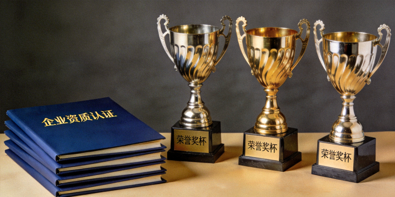 摆放整齐的企业资质认证证书与荣誉奖杯