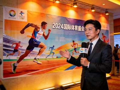 记者正在报道体育新闻，背景是大型体育赛事海报