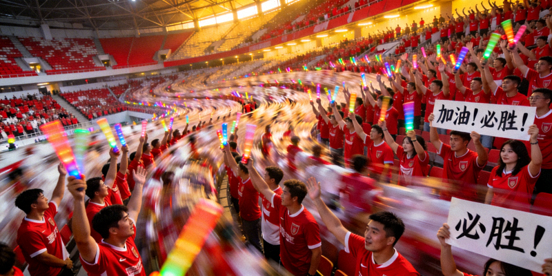 体育场看台上热情的球迷们正在统一助威，形成壮观人浪