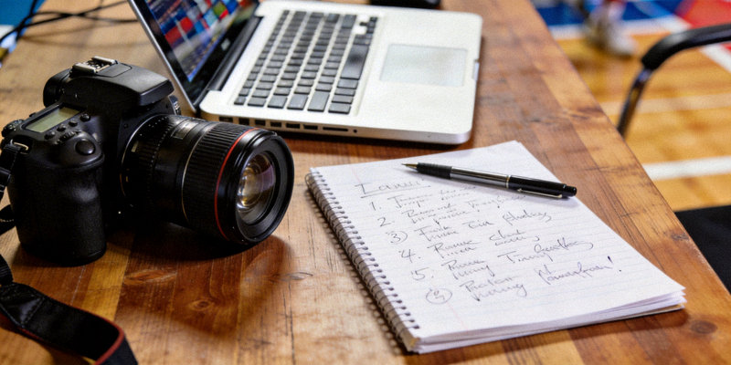 体育记者工作台，上面摆放着笔记本电脑、相机和采访笔记