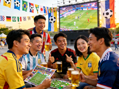 一群球迷在户外热烈讨论足球赛事，气氛融洽