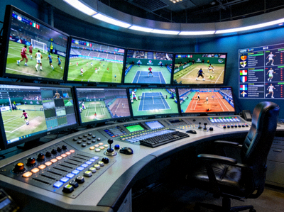 专业体育直播控制室，多屏幕显示不同赛事画面