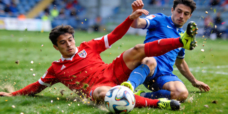 足球比赛直播画面特写，球员正在激烈拼抢